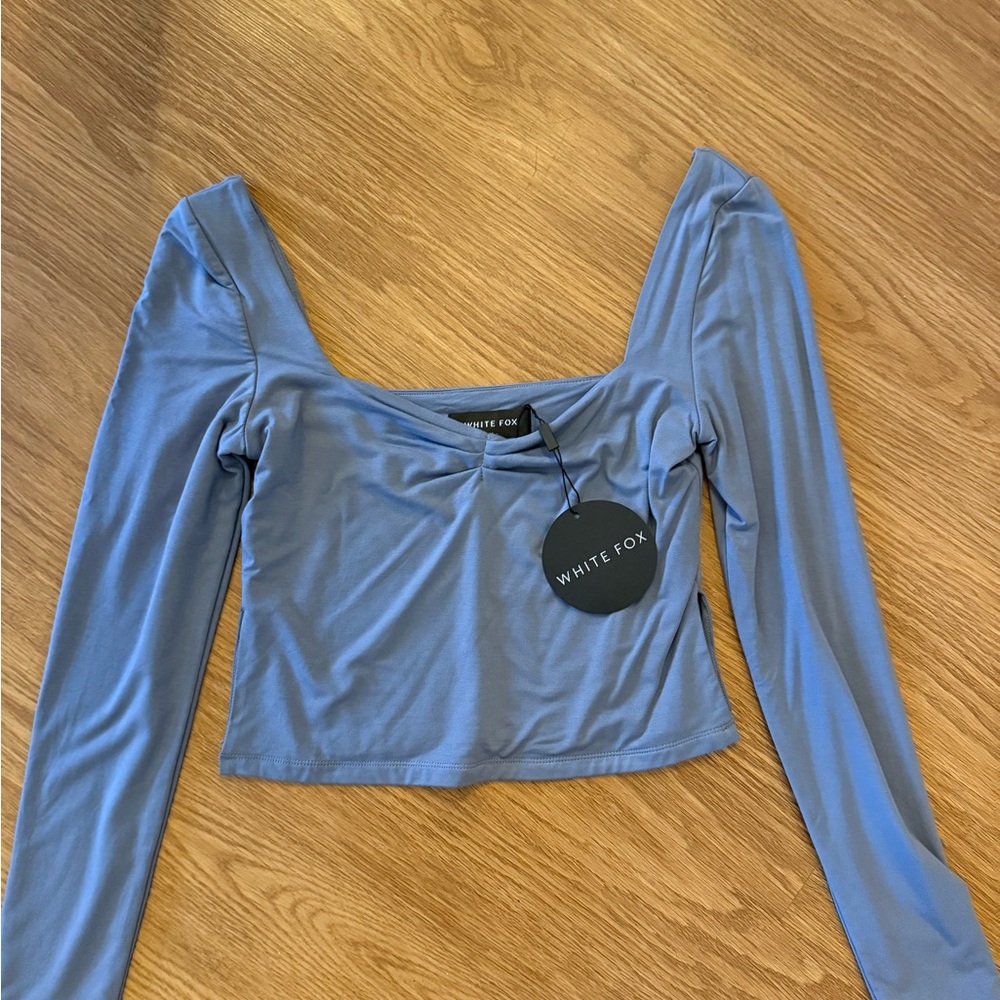 White Fox Boutique Blue Crop Blouse with Ruched Detail